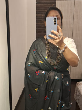 Black Mulmul Saree with Embroidery W/out Blouse Piece