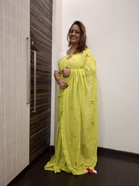 Green Mulmul Saree with Embroidery W/out Blouse Piece