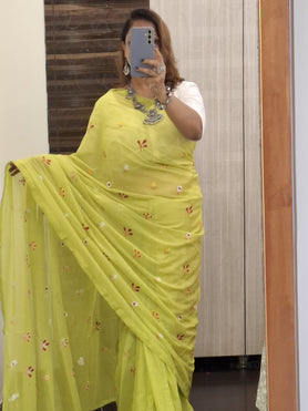 Green Mulmul Saree with Embroidery W/out Blouse Piece