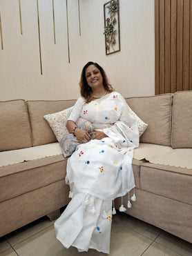 White Mulmul Saree with Embroidery W/out Blouse Piece