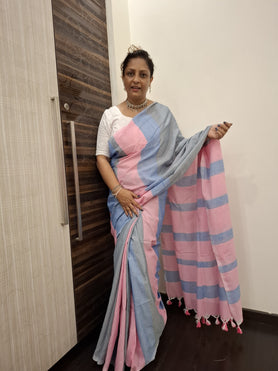 Light Blue and Light Pink Pure Cotton Saree with Running Blouse Piece