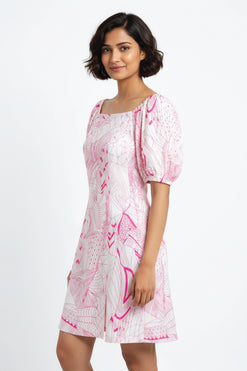 Cotton Soft Pink Print on White Knee Length Dress