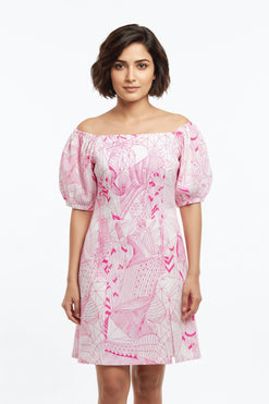 Cotton Soft Pink Print on White Knee Length Dress