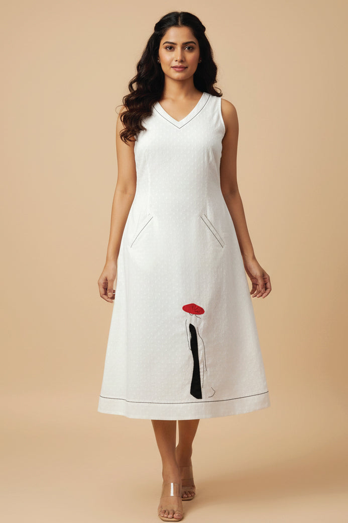 Cotton Dobby White Calf Length Dress with Unique Patch and Thread Work – chaitasri