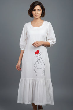 Cotton Poplin White Calf Length Dress with Hand-Line Illustration