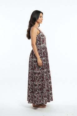 Rayon Cotton Earthy Base with Maroon Paisley Print Maxi Dress