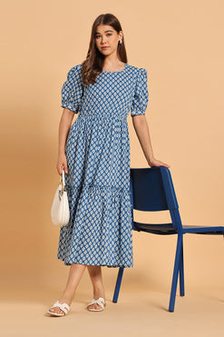 Ethnic Motifs Print Puff Sleeve A-Line Midi Dress