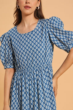 Ethnic Motifs Print Puff Sleeve A-Line Midi Dress