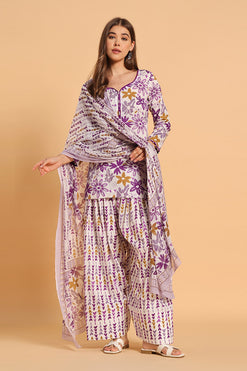 Purple Printed Kurta with Salwar With Dupatta