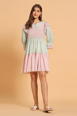 Cotton Print Peter Pan Collar Ruffled A-Line Dress