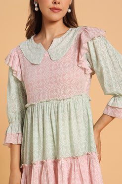 Cotton Print Peter Pan Collar Ruffled A-Line Dress