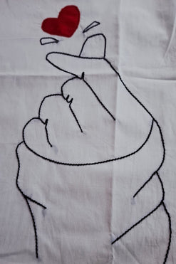 Cotton Poplin White Calf Length Dress with Hand-Line Illustration