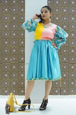 Lovely short dress with Marie sleeve-Colour:Yellow, Light Pink, Light Blue