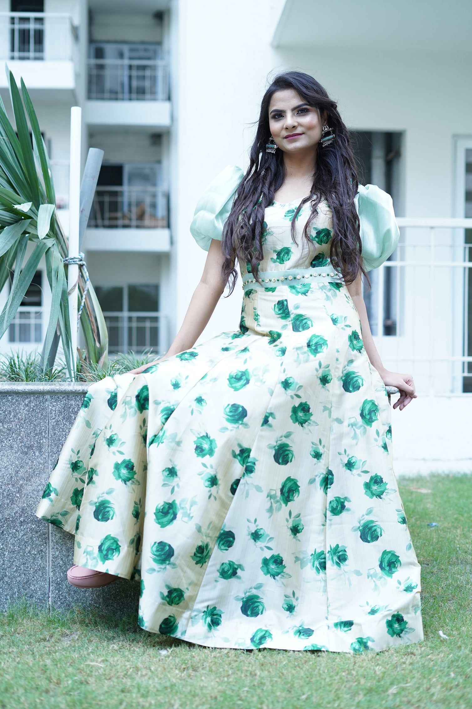 Stunning Designer Sleeveless Green Flower Wedding Dress for Little Princess